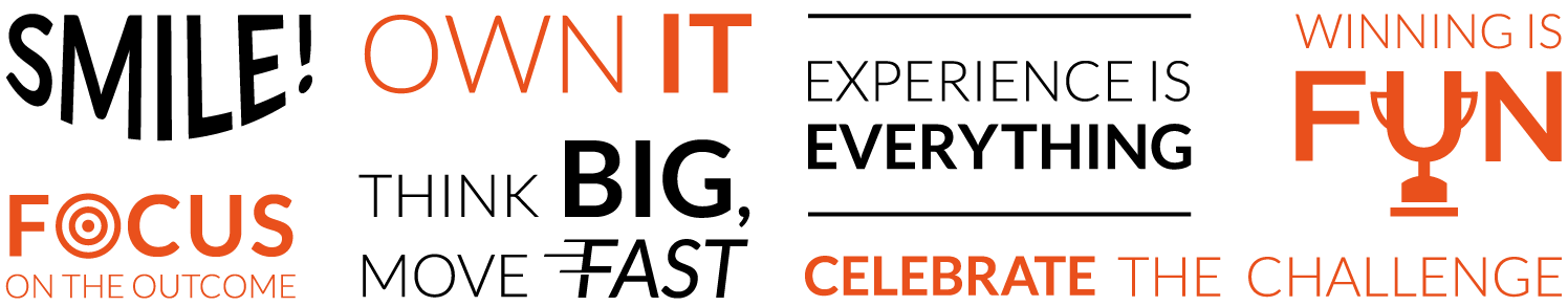 Our Values - Smile, Focus on the outcome, Own it, Think big. Move fast, Experience is everything, Celebrate the challenge, Winning is fun